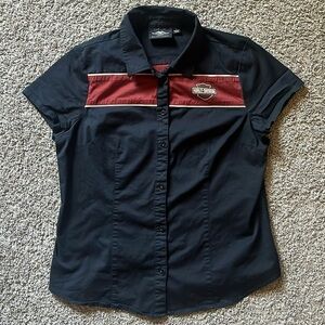 Women’s Harley Davidson Black Button Up Shirt with Burnt Red logo Size L.